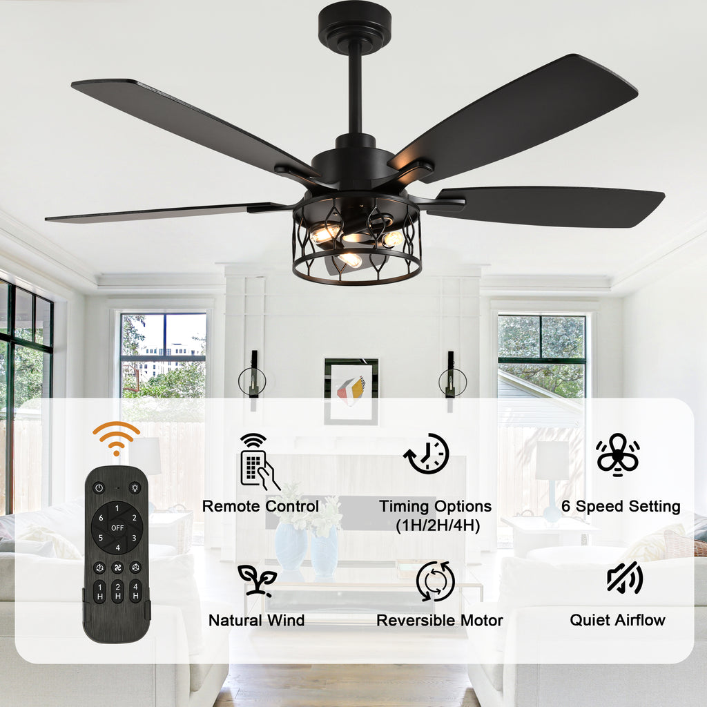 52 Inch Black Modern Ceiling Fan with Lights and Remote Control, 6 Speeds DC Motor Reversible Ceiling Fan for Living Room
