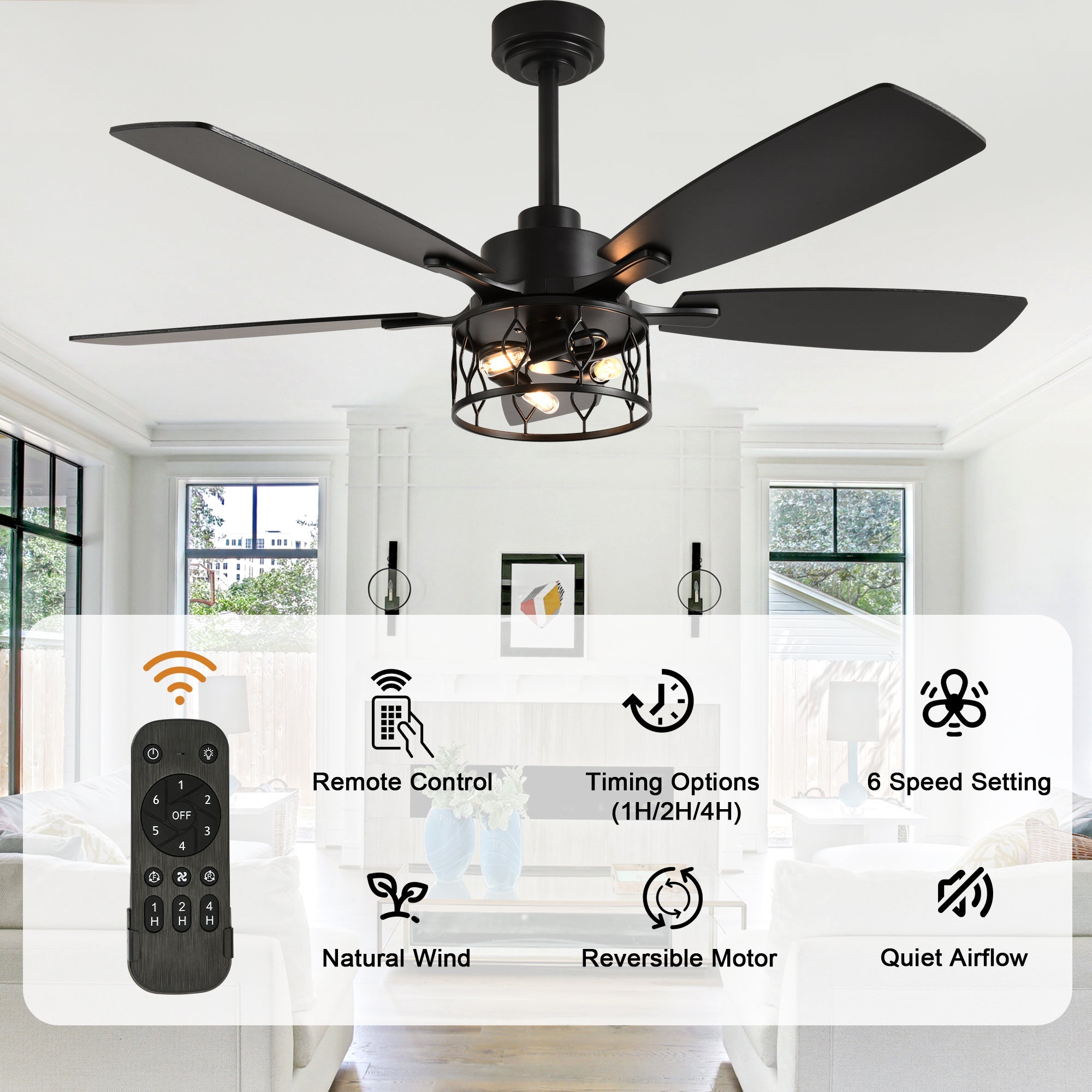 52 Inch Black Modern Ceiling Fan with Lights and Remote Control, 6 Speeds DC Motor Reversible Ceiling Fan for Living Room