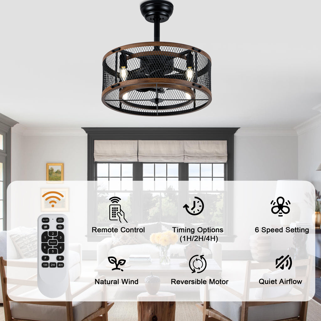 20 Inch Farmhouse Industrial Cage Ceiling Fan with Light and Remote, 6-Speed Reversible DC Motor Fandelier Bladeless Ceiling Fan