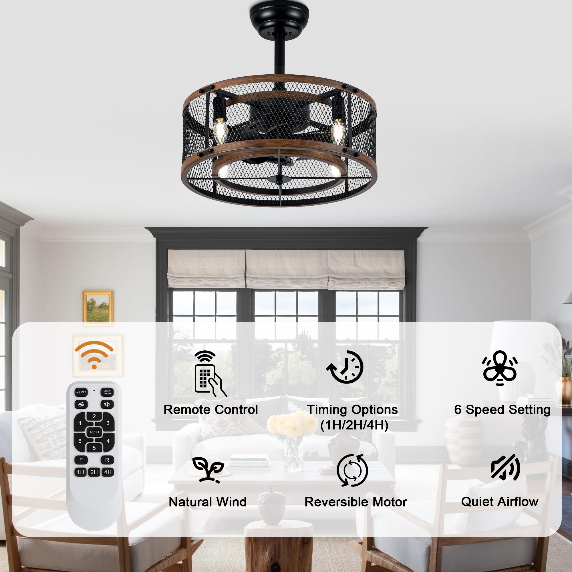 20 Inch Farmhouse Industrial Cage Ceiling Fan with Light and Remote, 6-Speed Reversible DC Motor Fandelier Bladeless Ceiling Fan