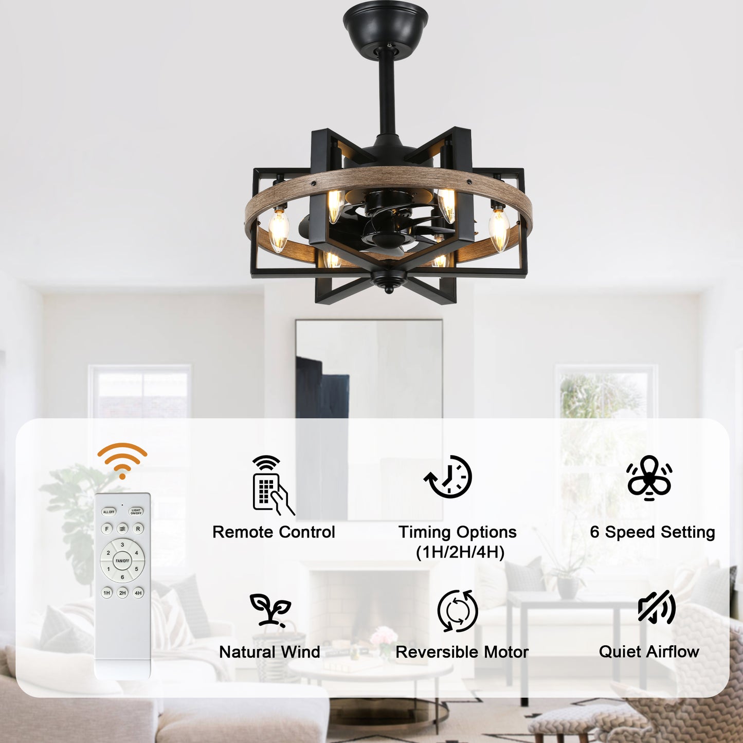 BD1811-BR-BellaDepot 18.5" Industrial Wood Grain Reversible Caged Ceiling Fan with Remote and 6 Lights