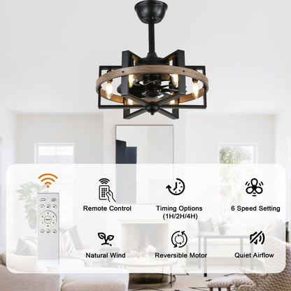BD1811-BR-BellaDepot 18.5" Industrial Wood Grain Reversible Caged Ceiling Fan with Remote and 6 Lights