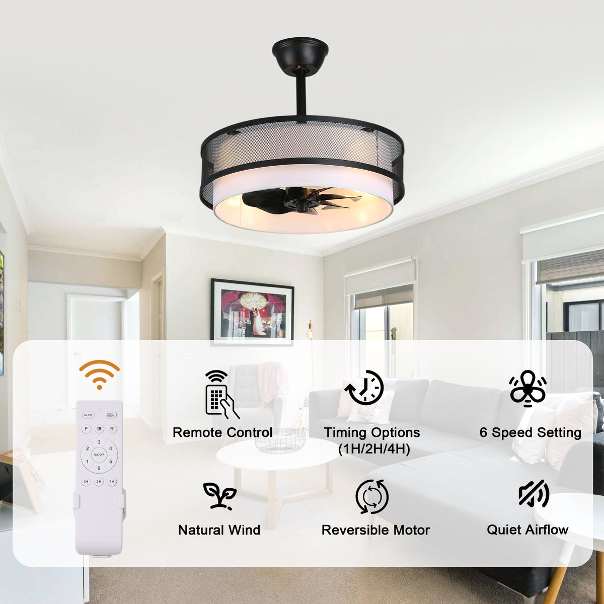 Modern Industrial 20 Inch Fabric with Metal Ceiling Fan with Light Adjustable Down Rods Reversible DC Motor 6 Speed Remote Control Ceiling Fan Timmer Quiet Ceiling Fan with Light Suit for Bedroom, Study, Kitchen