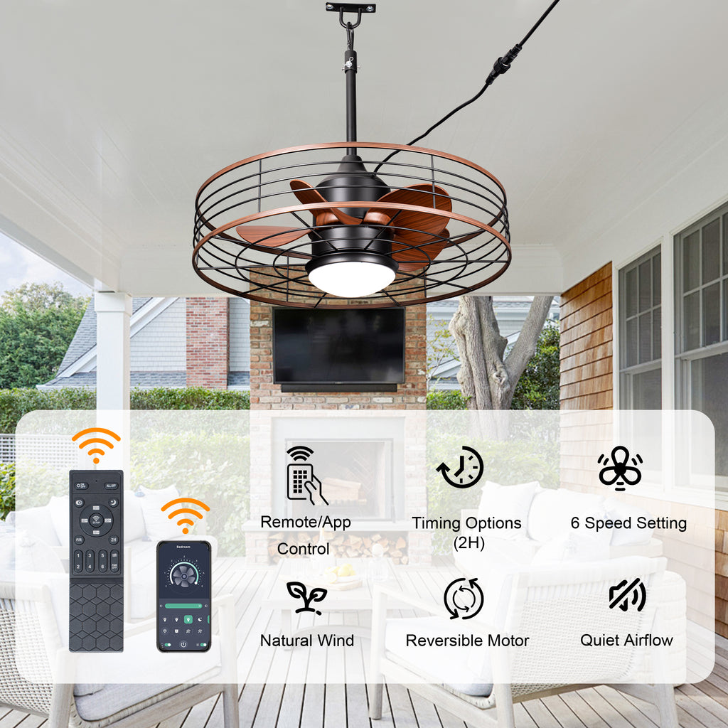 23.6 Inch Black Outdoor Dimmable Ceiling Fan with LED Light and Remote, Farmhouse Reversible 6 Speeds Quiet DC Motor Caged Ceiling Fan for Patio