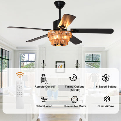 BellaDepot 52" Farmhouse Brown Rattan Caged Ceiling Fan with Remote Control, 5 Blades Standard Ceiling Fan with Lights - DC5221