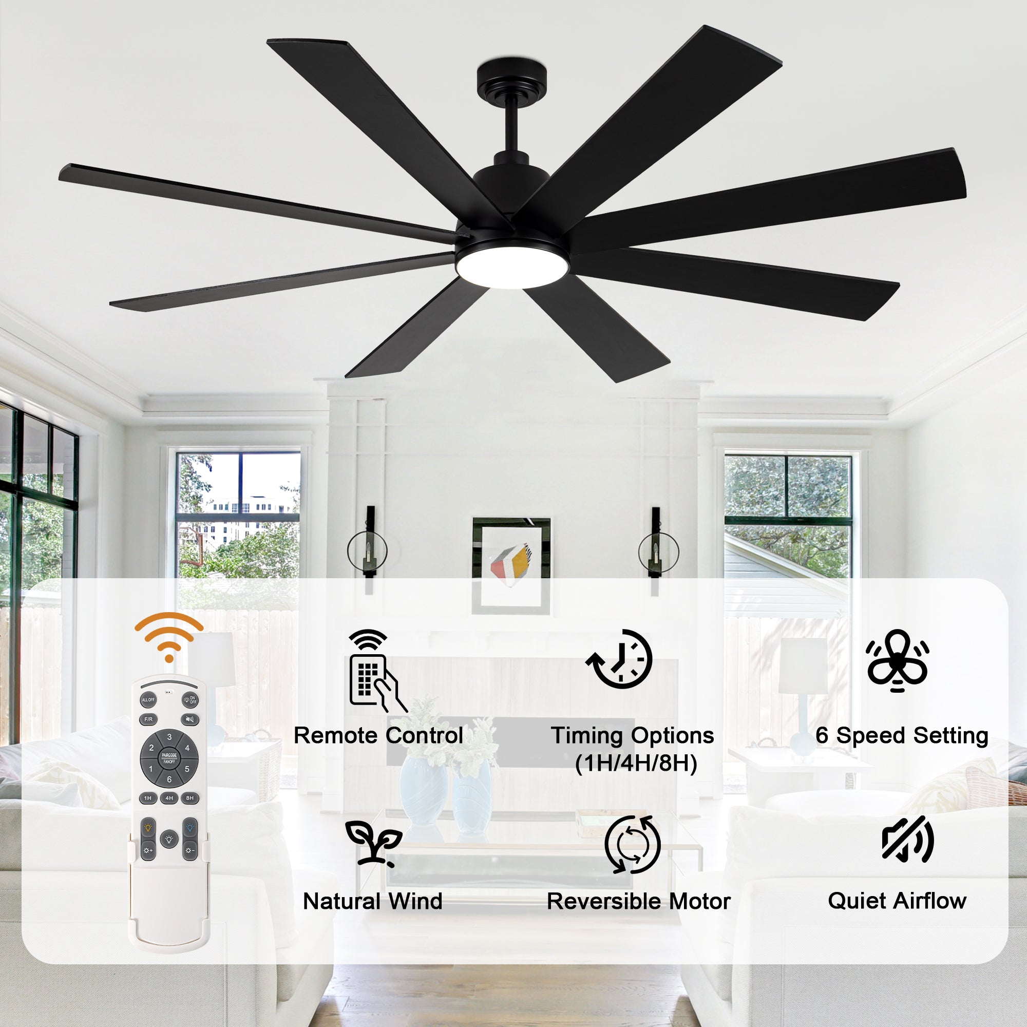 72 Inch Black Extra Large Ceiling Fan with Dimmable LED Light and Remote, 6-Speed Reversible DC Motor Ceiling Fan for Large Rooms, Dual-Finish Blades, Adjustable Height
