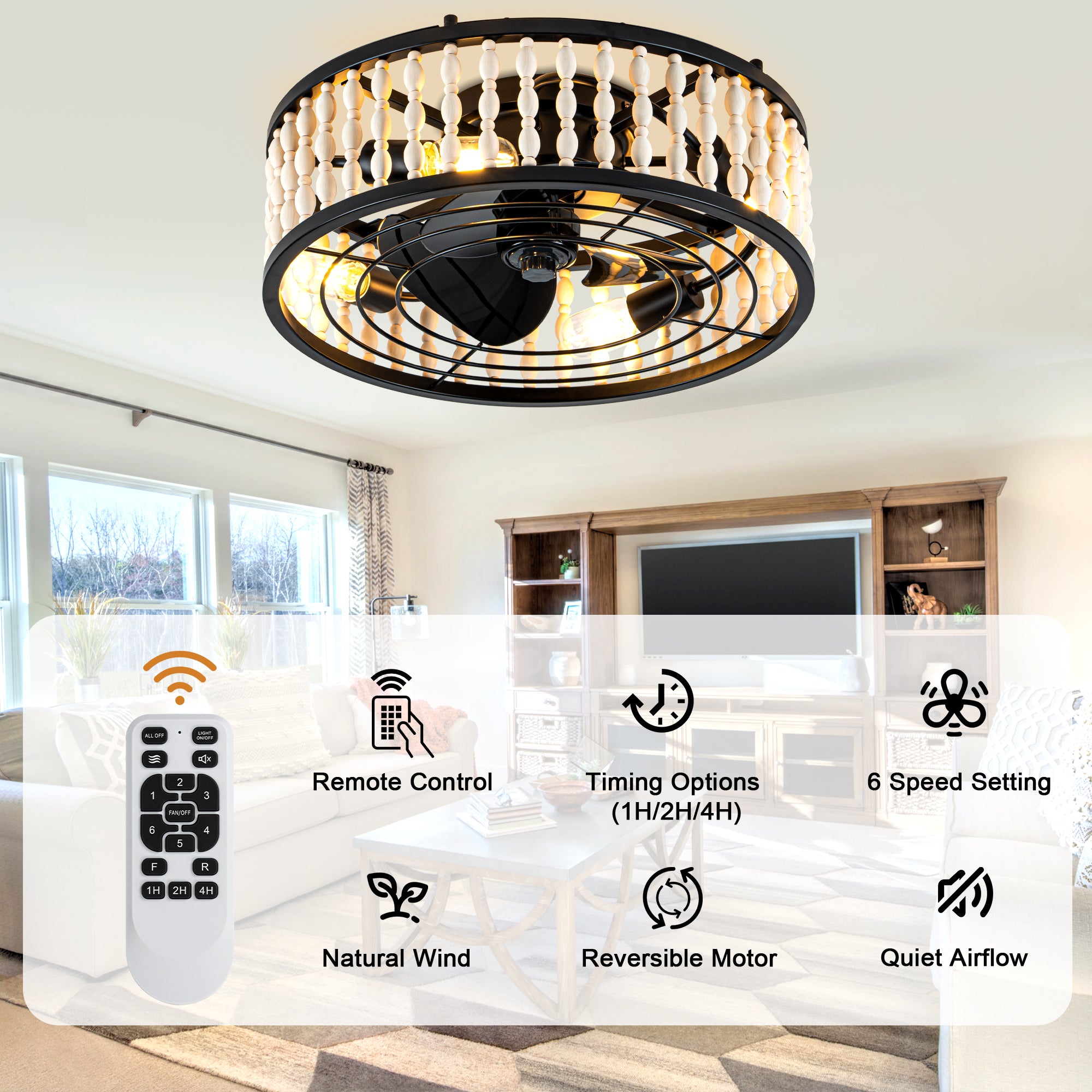 19 Inch Black Farmhouse Flush Mount Ceiling Fan with Lights and Remote Control, 6 Speeds DC Motor Bladeless Ceiling Fan for Bedroom