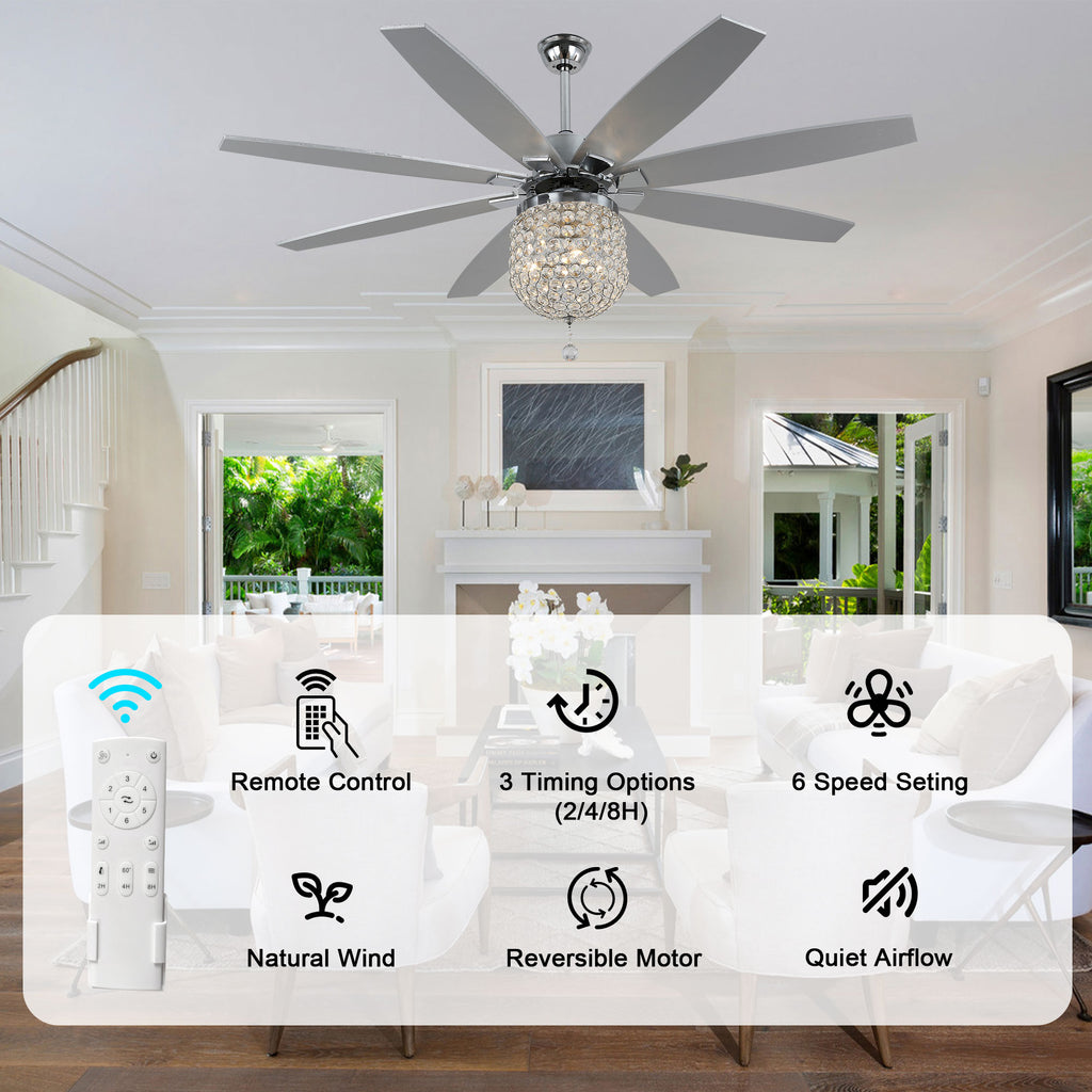 DC6504-BellaDepot 65" 8 Wooden Blades Silver Finish Crystal Reversible Ceiling Fan with Remote and 3 Lights, Large Size 6-speed Ceiling Fan