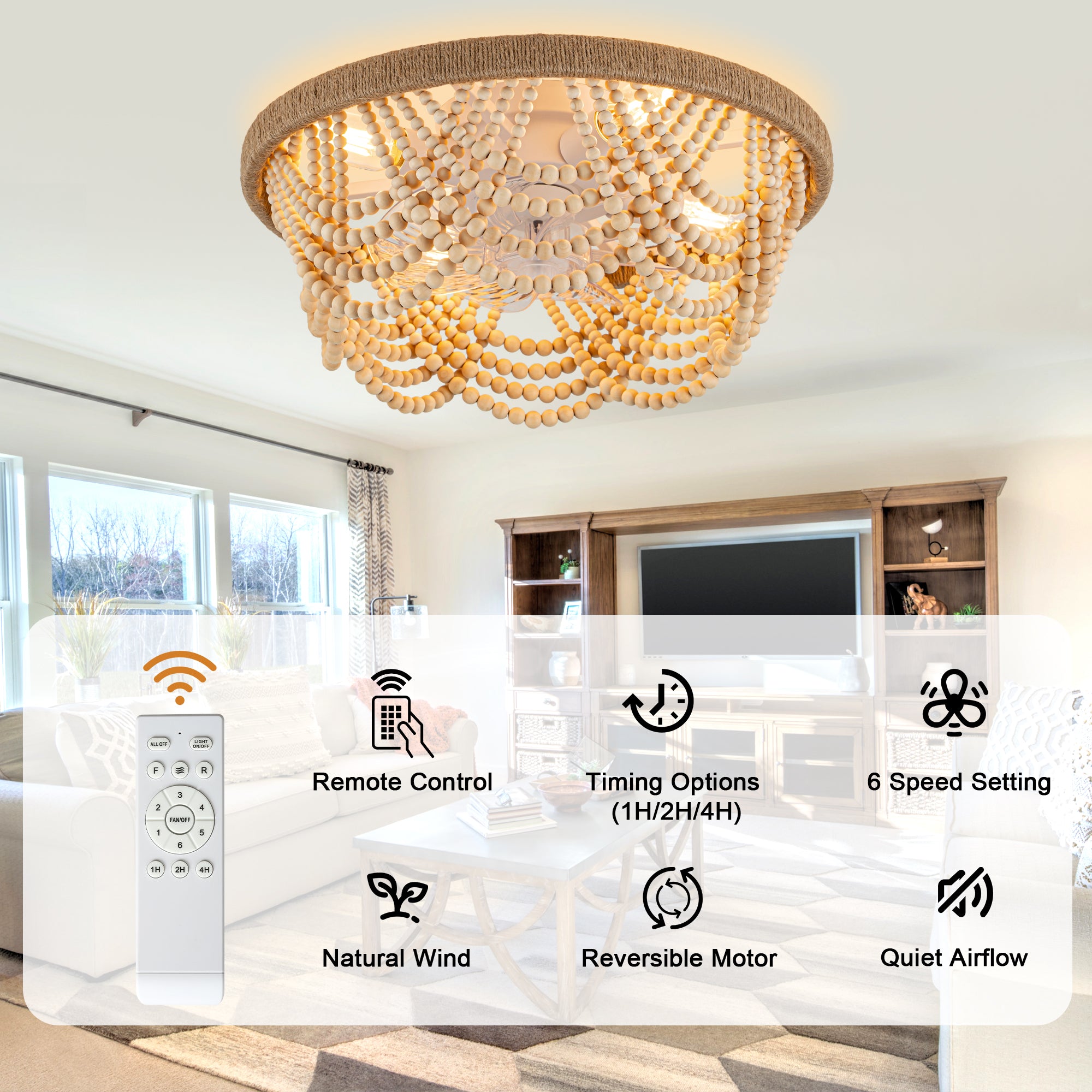 20 Inch Bohemian Flush Mount Ceiling Fan with Lights and Remote, 6 Speeds DC Motor Bladeless Low Profile Ceiling Fan for Bedroom