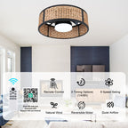 Bohemian 20 Inch Flush Mount Ceiling Fan with Light Caged Bamboo and Paper Rope Woven Shade Ceiling Fan with Ligth Dimmable LED and Reversible DC Motor Ceiling Fan Suit for Bedroom, Kitchen
