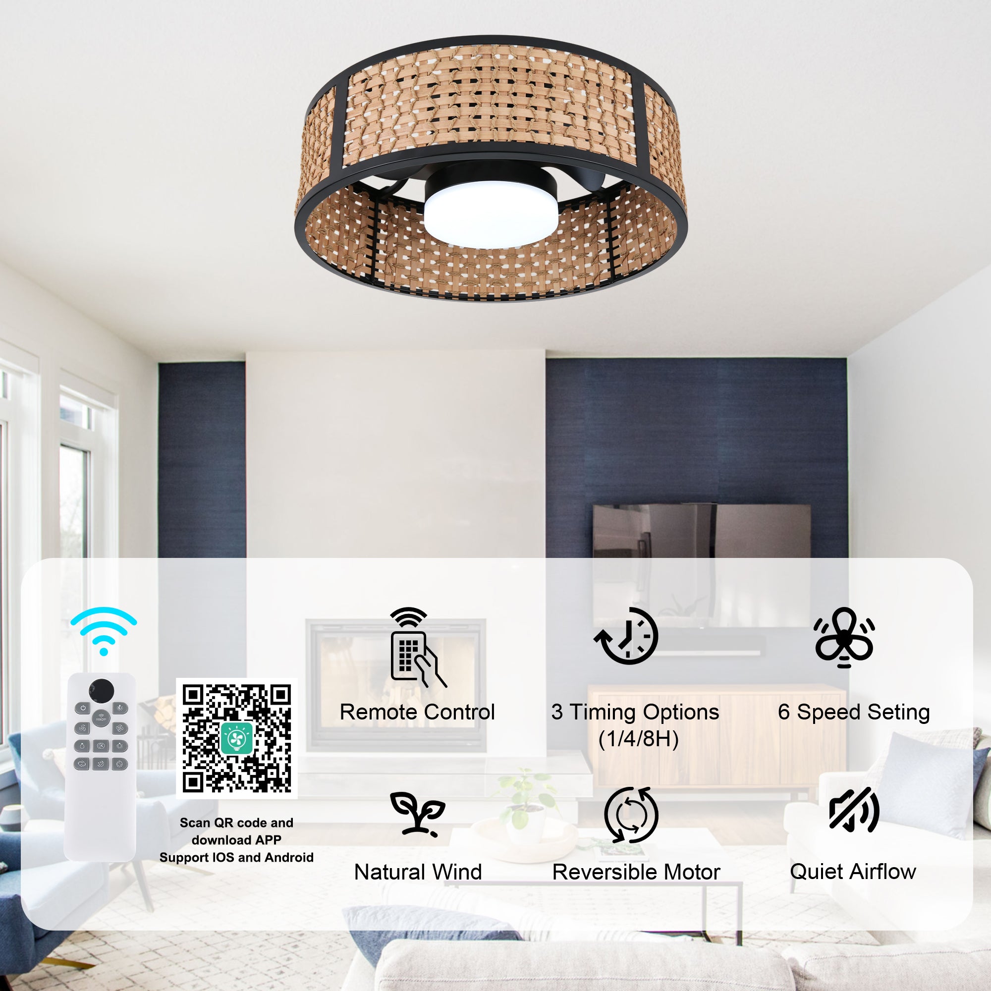 Bohemian 20 Inch Flush Mount Ceiling Fan with Light Caged Bamboo and Paper Rope Woven Shade Ceiling Fan with Ligth Dimmable LED and Reversible DC Motor Ceiling Fan Suit for Bedroom, Kitchen