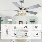 52 Inch Luxury Crystal Caged Chrome Ceiling Fan with Remote, 6-Speed Adjustable, Light Included, Reversible Blades for Living Room & More