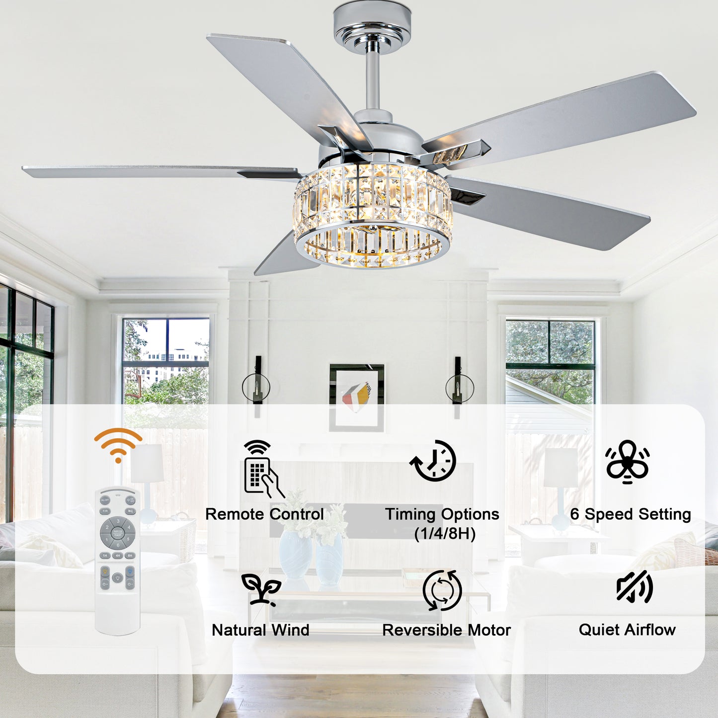 BellaDepot 52" Luxury Crystal Caged Chrome Ceiling Fan with Remote Control, 6 Speeds Ceiling Fan with Lights for Living Room- DC5227-MD