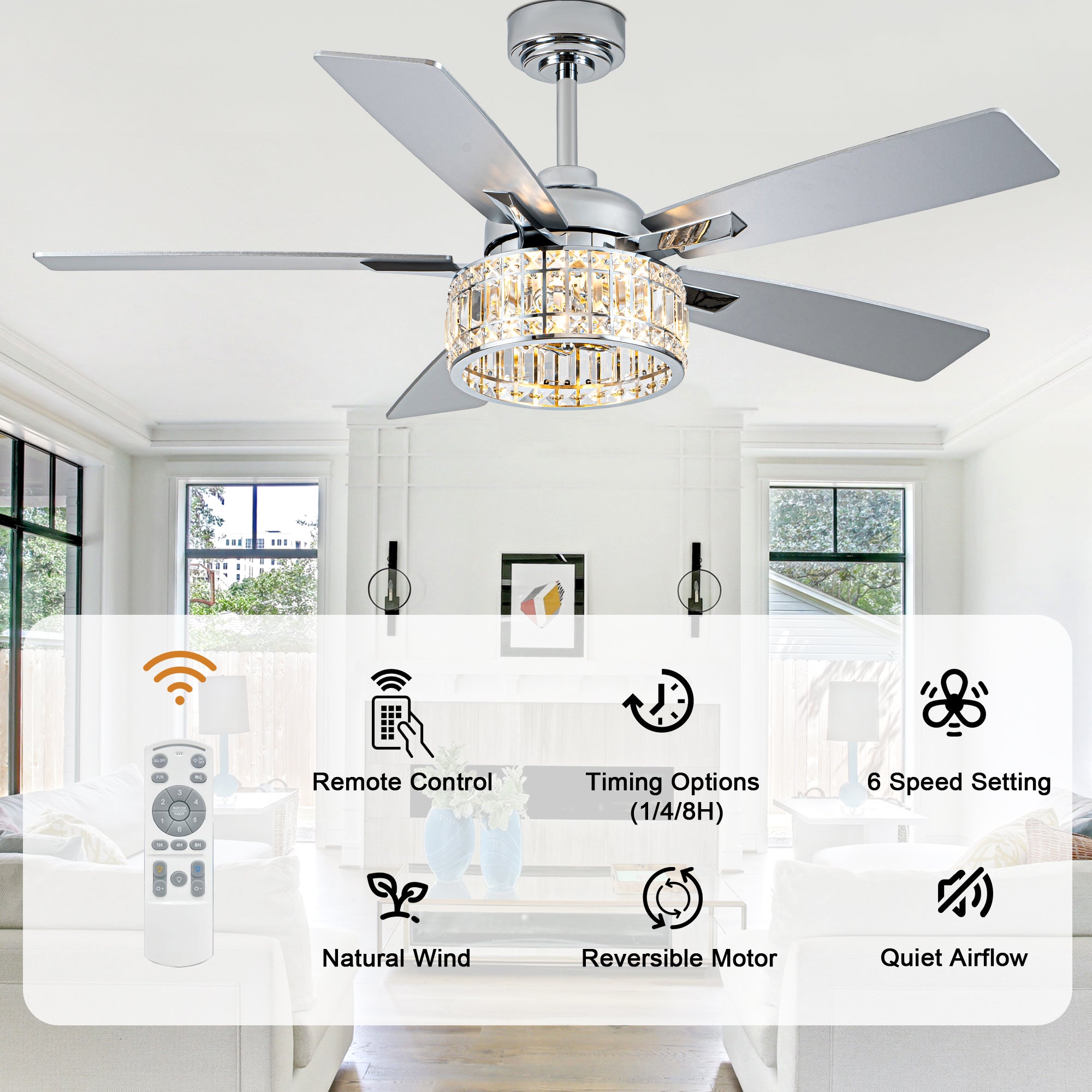 52 Inch Luxury Crystal Caged Chrome Ceiling Fan with Remote, 6-Speed Adjustable, Light Included, Reversible Blades for Living Room & More