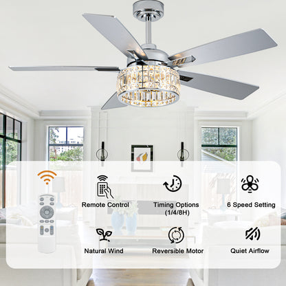 BellaDepot 52" Luxury Crystal Caged Chrome Ceiling Fan with Remote Control, 6 Speeds Ceiling Fan with Lights for Living Room- DC5227-MD