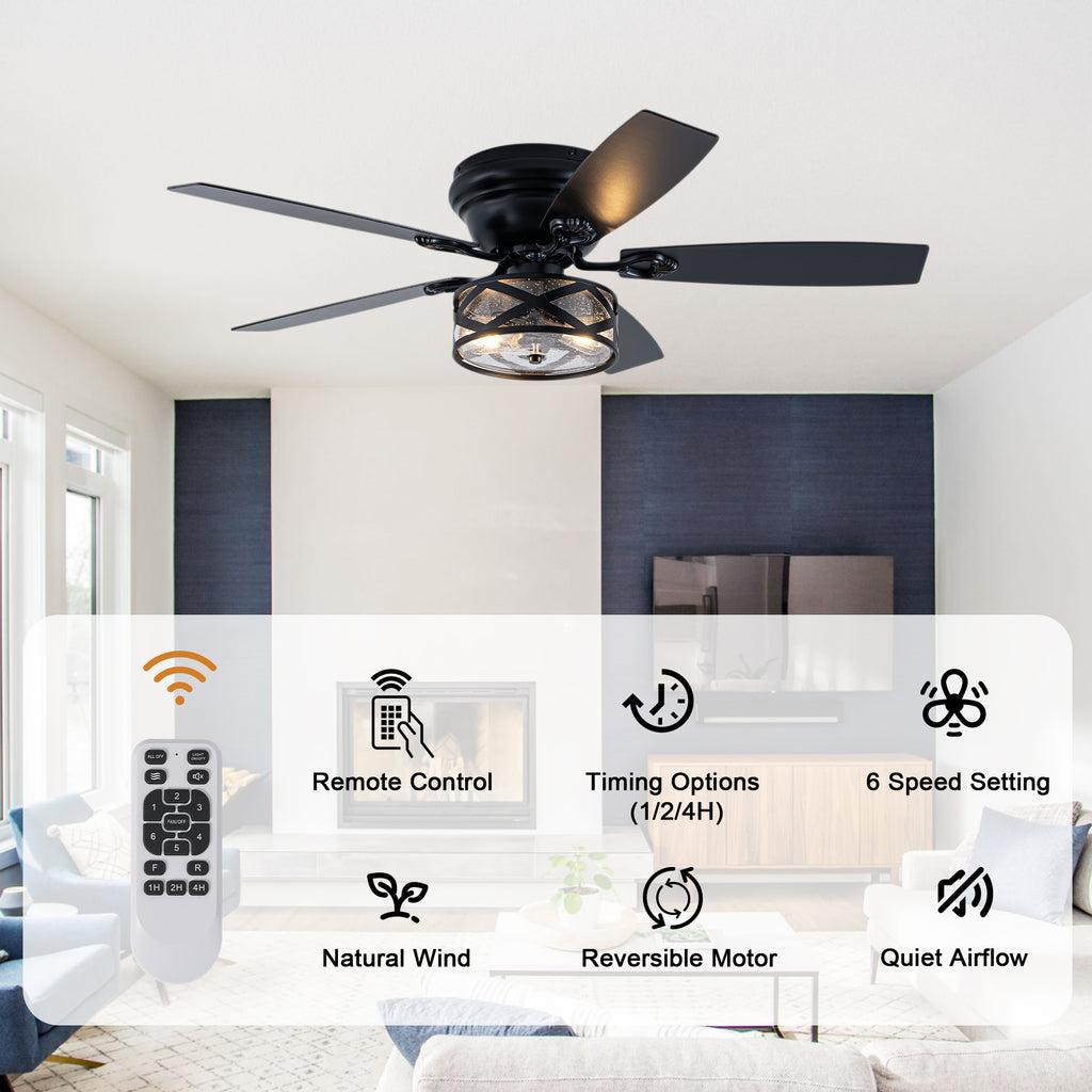 Farmhouse 52 Inch Caged  Flush Mount Ceiling Fan with Light Quiet Reversible DC Motor with 5 Fan Blades Ceiling Fan with Light Remote Control Adjustable 6 Speed Ceiling Fan with Light Suit for Bedrooms, Living Rooms, Kitchens
