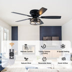 Farmhouse 52 Inch Caged  Flush Mount Ceiling Fan with Light Quiet Reversible DC Motor with 5 Fan Blades Ceiling Fan with Light Remote Control Adjustable 6 Speed Ceiling Fan with Light Suit for Bedrooms, Living Rooms, Kitchens