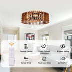 Farmhouse 20 Inch Wooden Caged Flush Mount Ceiling Fan with Light Quiet Reversible DC Motor Retractable Blades Ceiling Fan with Light Retro Remote Control Adjustable 6 Speed Ceiling Fan Suit for Kitchen, Bedroom, Study
