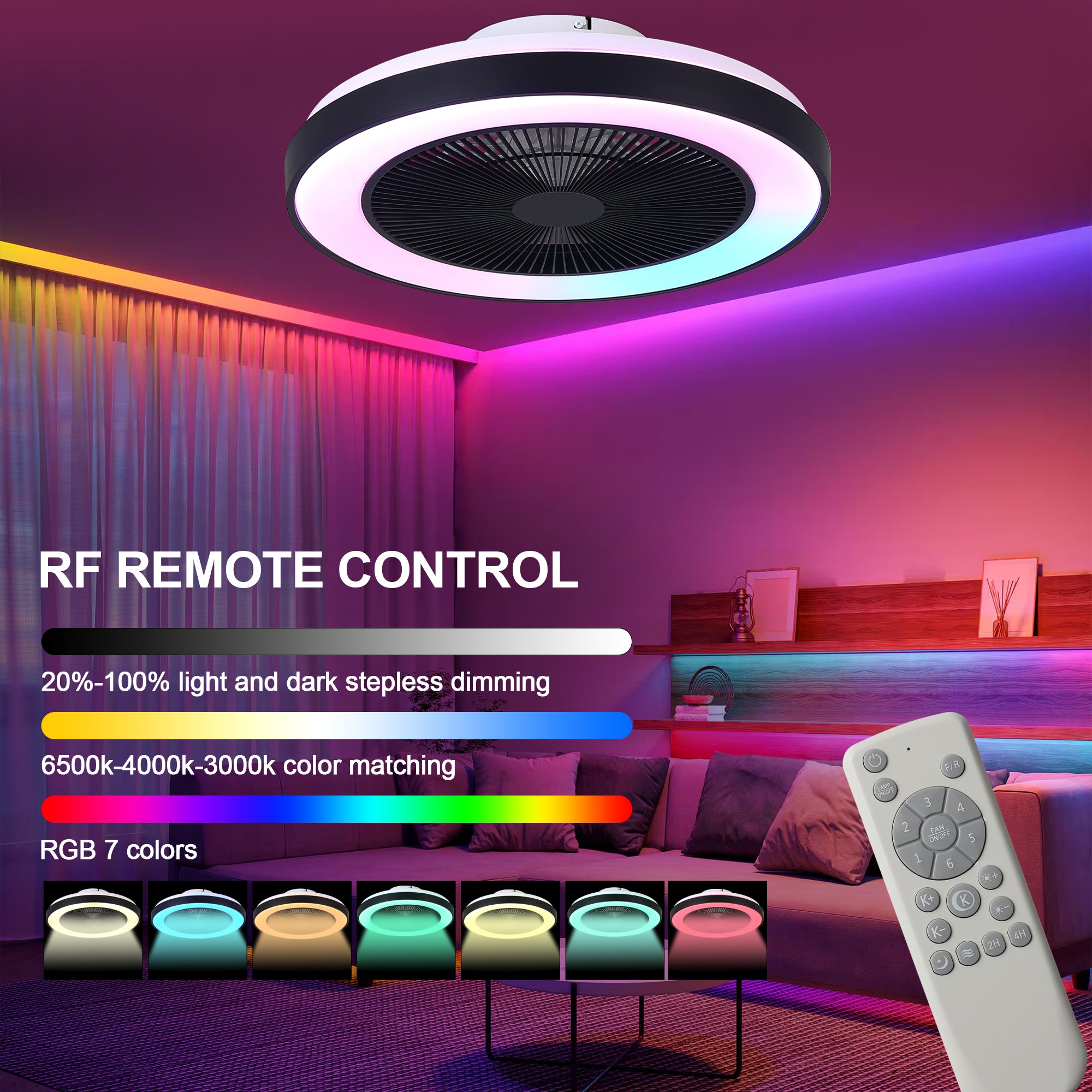 19 Inch Modern Smart Flush Mount Ceiling Fan with Dimmable LED Light and Remote, 6 Speeds DC Motor Bladeless Ceiling Fan for Low Profile with RGB Light