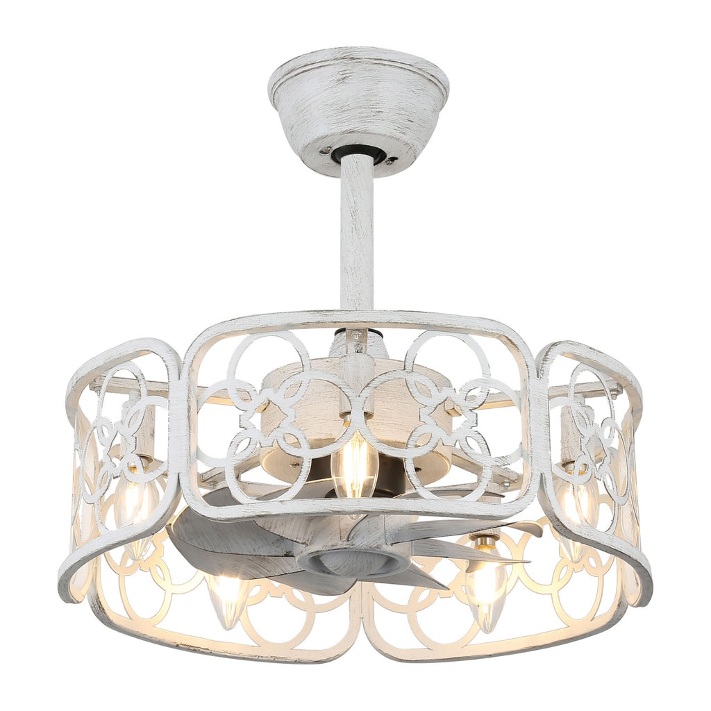 18 Inch Farmhouse Distressed White Caged Ceiling Fan with Lights and Remote, 8-Blade Reversible Bladeless Fandelier Ceiling Fan