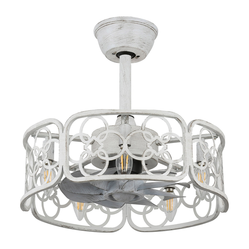 18 Inch Farmhouse Distressed White Caged Ceiling Fan with Lights and Remote, 8-Blade Reversible Bladeless Fandelier Ceiling Fan