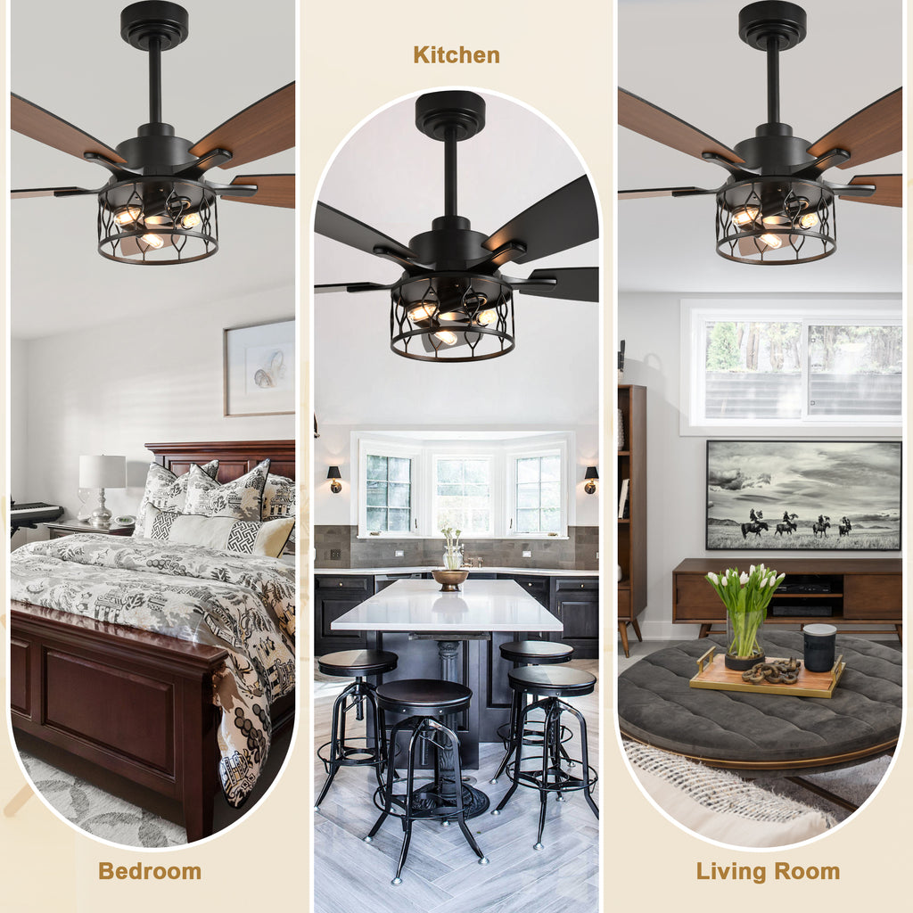 52 Inch Black Modern Ceiling Fan with Lights and Remote Control, 6 Speeds DC Motor Reversible Ceiling Fan for Living Room