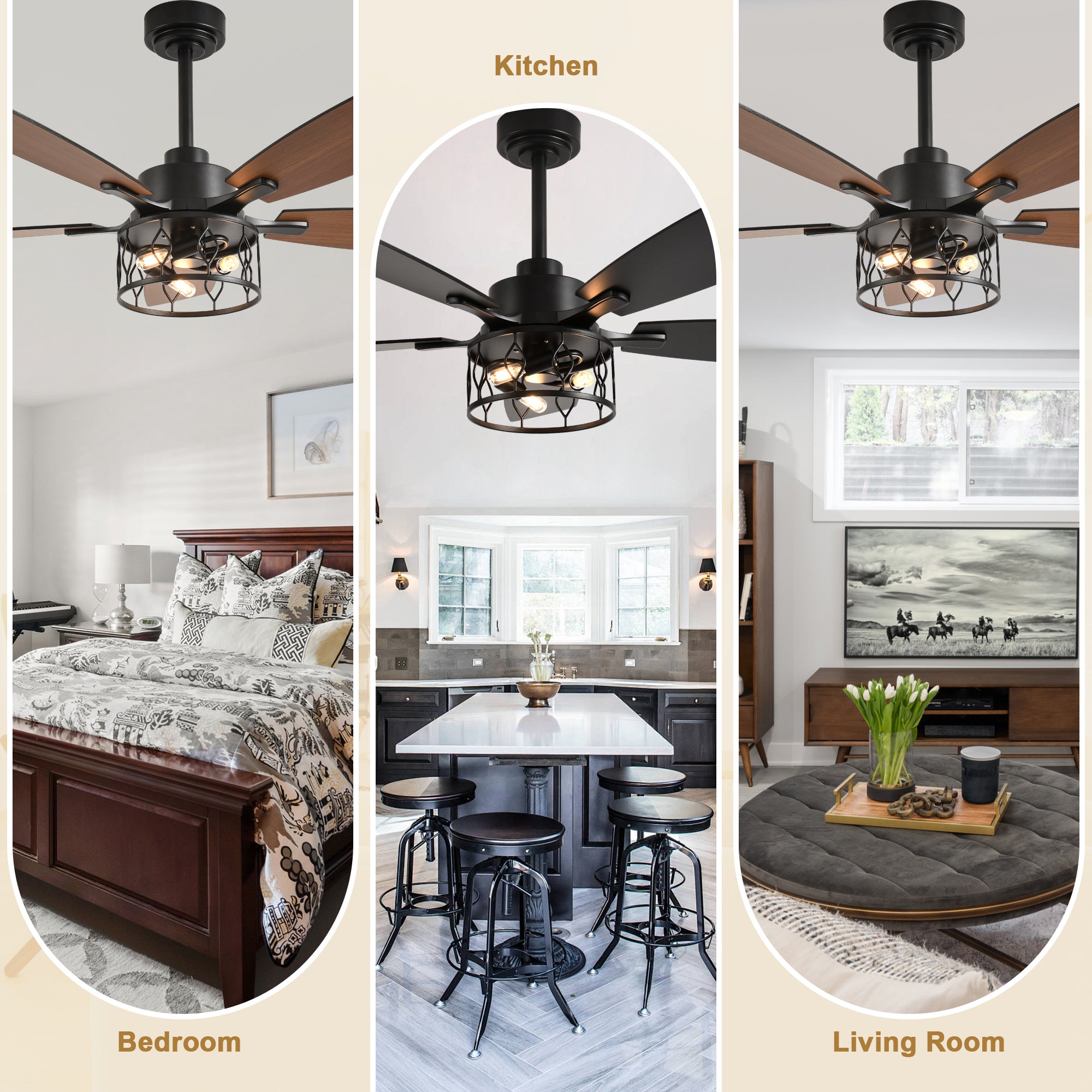 52 Inch Black Modern Ceiling Fan with Lights and Remote Control, 6 Speeds DC Motor Reversible Ceiling Fan for Living Room