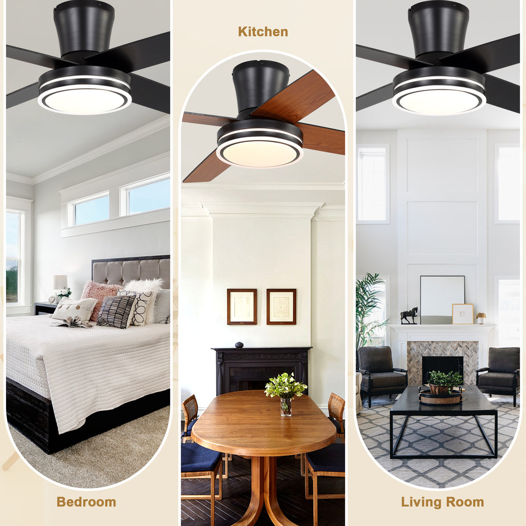 44 Inch Black/Chrome Modern Flush Mount Ceiling Fan with Dimmable LED Lights and Remote, 6 Speeds DC Motor Low Profile Ceiling Fan