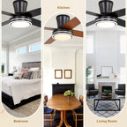 44 Inch Black/Chrome Modern Flush Mount Ceiling Fan with Dimmable LED Lights and Remote, 6 Speeds DC Motor Low Profile Ceiling Fan