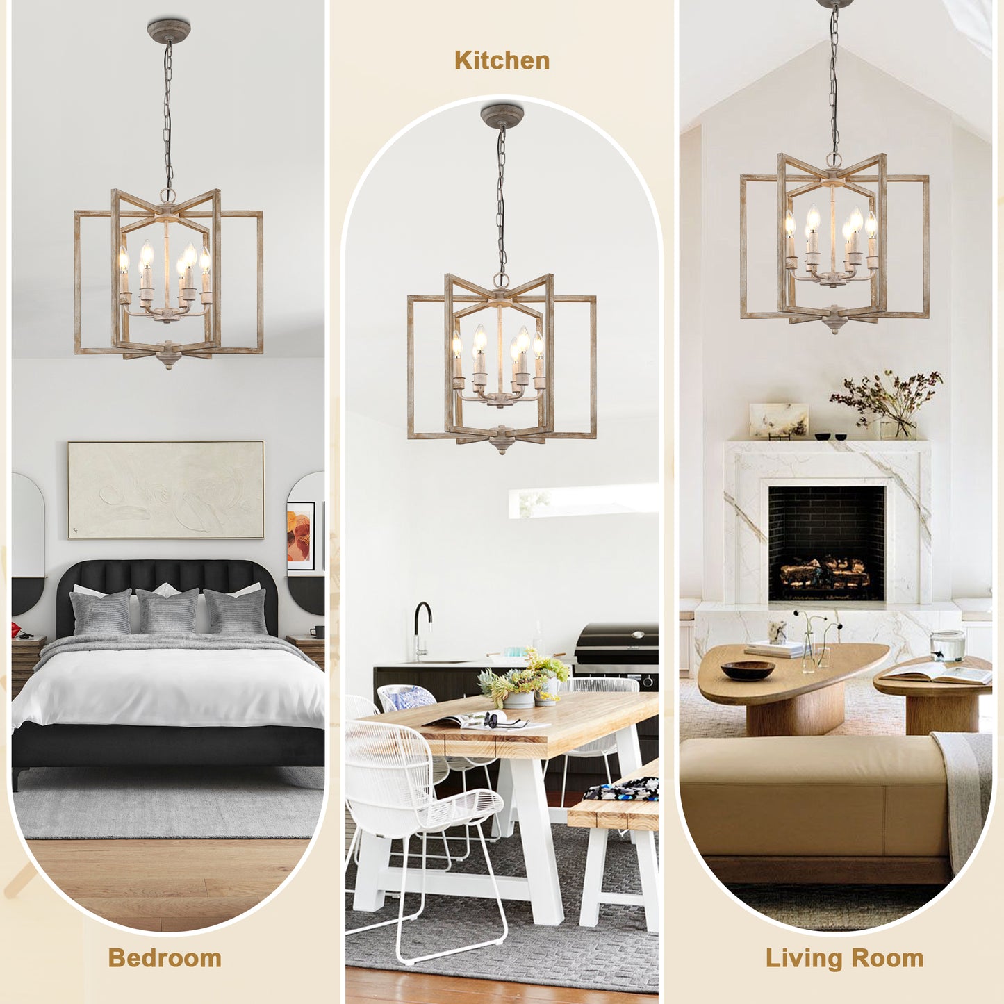 FC4115-6 Lights Geometric Wood Chandelier, Height Adjustable Home Decoration Pendant Light