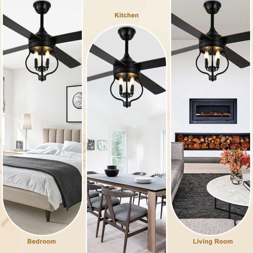 48 Inch Black Classic Ceiling Fan with Lights and Remote Control, 6 Speeds 4-Blade DC Motor Reversible Ceiling Fan for Living Room