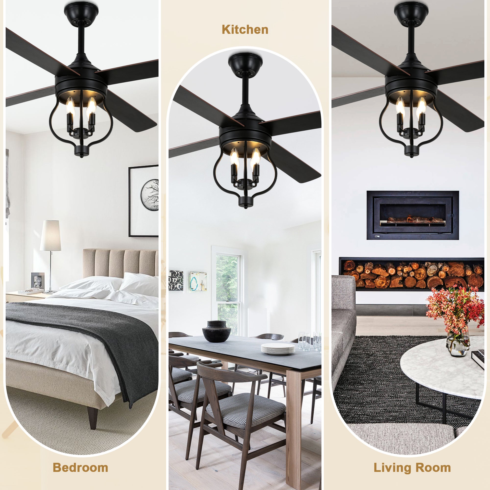 48 Inch Black Classic Ceiling Fan with Lights and Remote Control, 6 Speeds 4-Blade DC Motor Reversible Ceiling Fan for Living Room