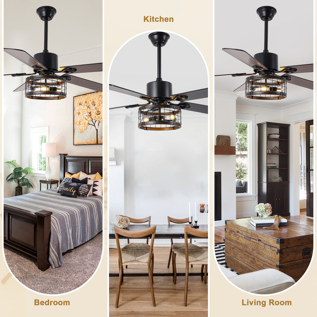 52 Inch Industrial Farmhouse Ceiling Fan with Lights and Remote Control, 6 Speeds Reversible Caged Ceiling Fan for Living Room