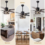 52 Inch Industrial Farmhouse Ceiling Fan with Lights and Remote Control, 6 Speeds Reversible Caged Ceiling Fan for Living Room