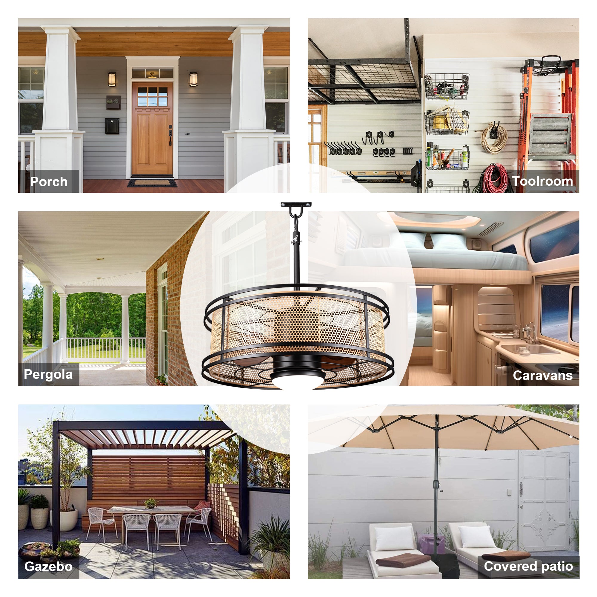 HW2307-BellaDepot 23.6" Imitation Rattan Outdoor Ceiling Fan with Remote and LED Lights, DC Motor 6 Speeds Ceiling Fan