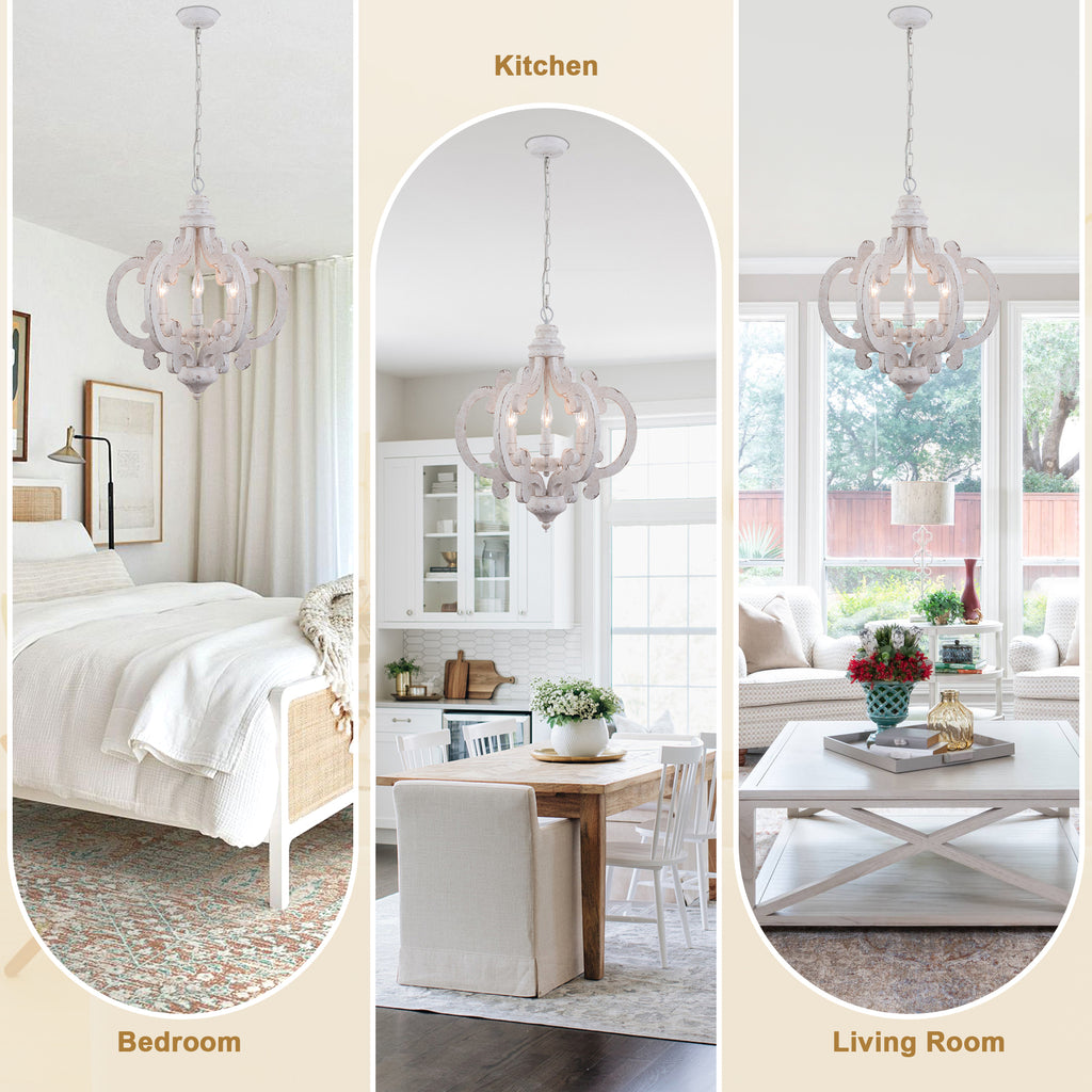 6-Light Distressed Wood French Country Vintage Geometric Chandelier with Adjustable Chain, Farmhouse Solid Wooden Chandelier