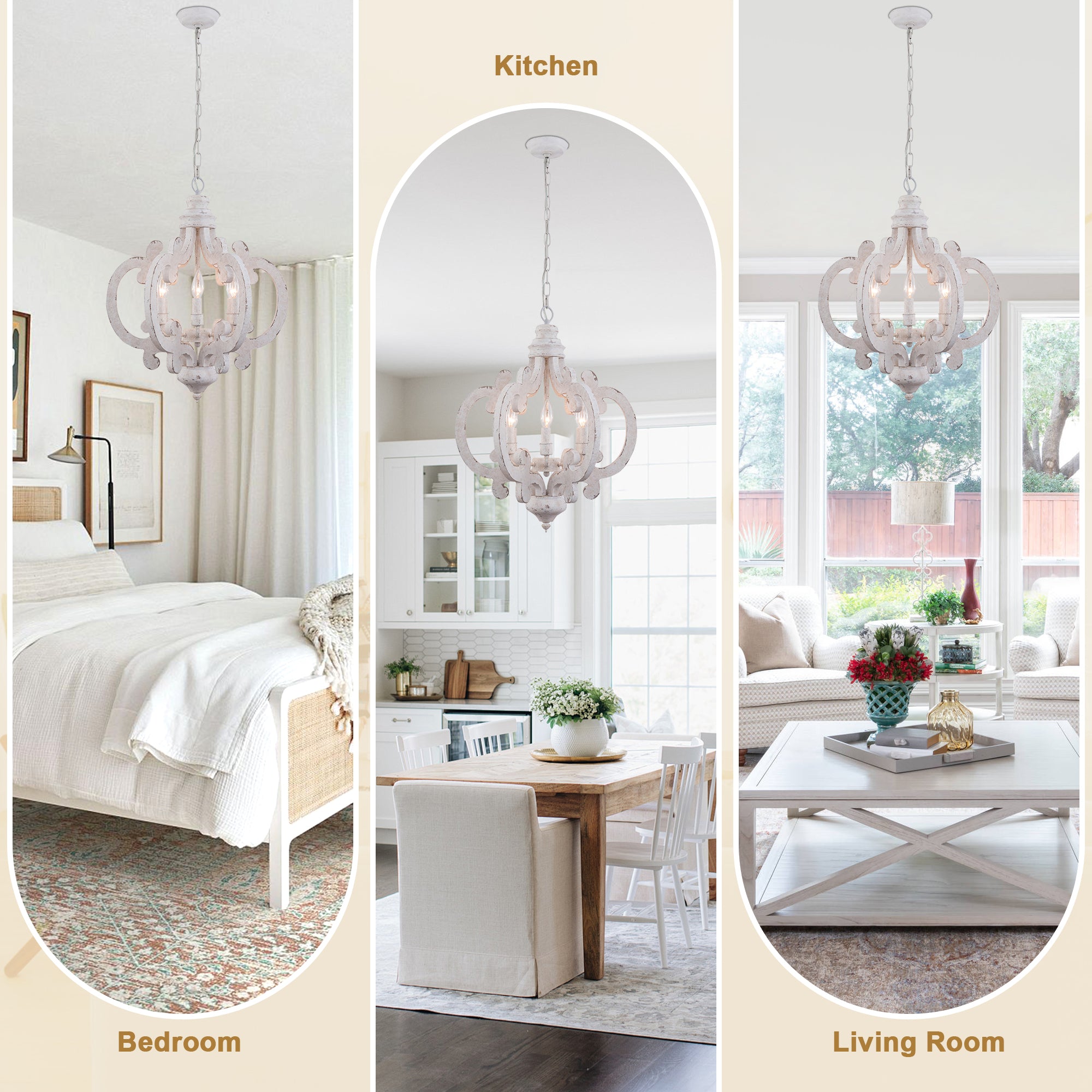 6-Light Distressed Wood French Country Vintage Geometric Chandelier with Adjustable Chain, Farmhouse Solid Wooden Chandelier