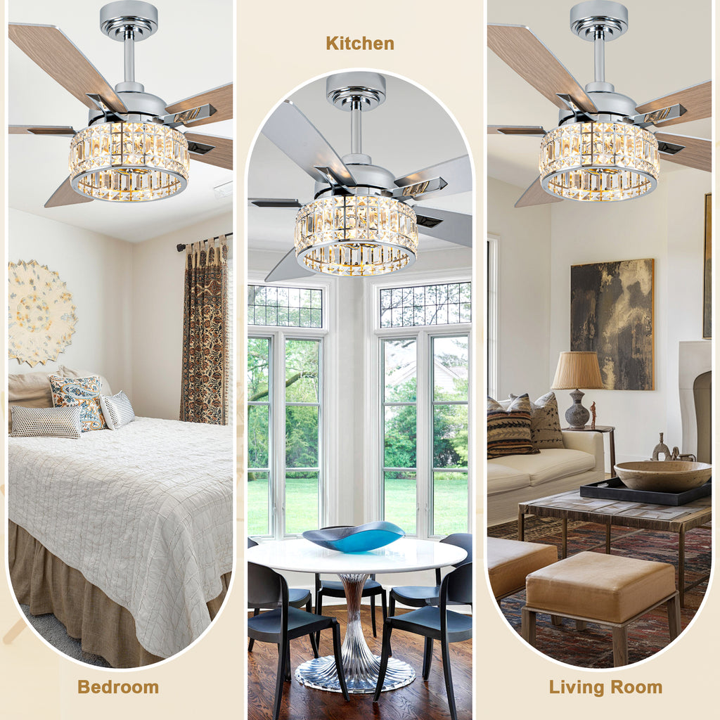 52 Inch Luxury Crystal Caged Chrome Ceiling Fan with Remote, 6-Speed Adjustable, Light Included, Reversible Blades for Living Room & More