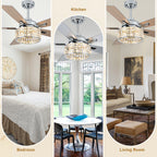 52 Inch Luxury Crystal Caged Chrome Ceiling Fan with Remote, 6-Speed Adjustable, Light Included, Reversible Blades for Living Room & More