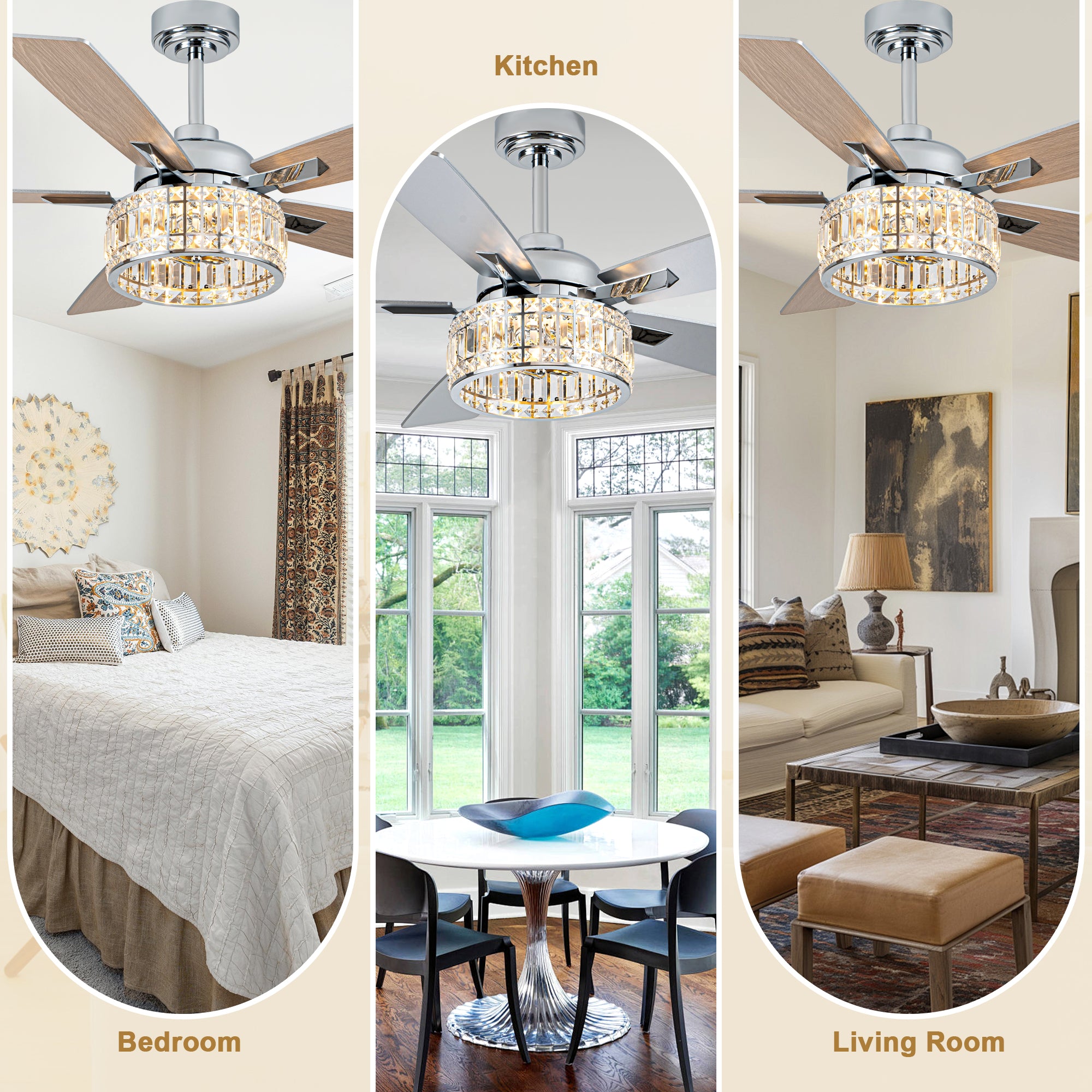 52 Inch Luxury Crystal Caged Chrome Ceiling Fan with Remote, 6-Speed Adjustable, Light Included, Reversible Blades for Living Room & More