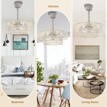 DC2030-19.7" Distressed White Finish Simple Style Reversible Ceiling Fan with Remote and 4 Lights, 6-speed Bladeless Ceiling Fan