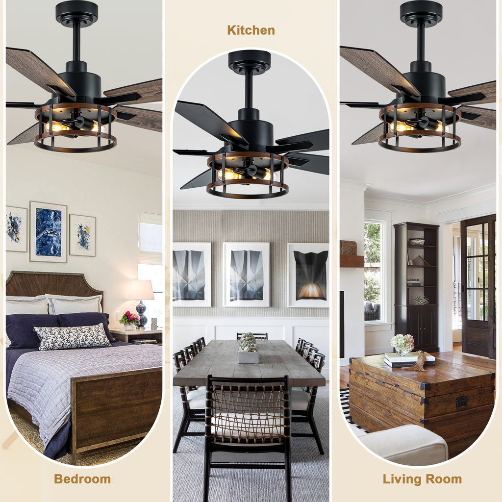 52 Inch Black Farmhouse Ceiling Fan with Lights and Remote Control,6 Speeds Dual-Finish Blades Caged Ceiling Fan