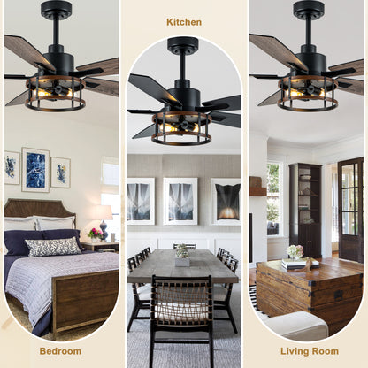 DC255204-B-BellaDepot Wood Grain 6 Speeds Ceiling Fan with Reversible Blades and Downrods, Remote-controlled Large Size Fan Lights