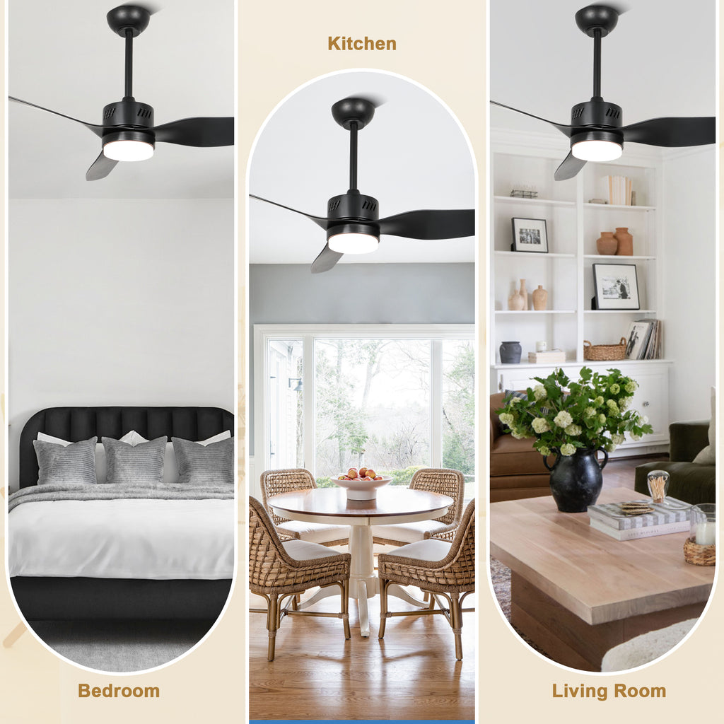 46 Inch Black Modern Ceiling Fan with LED Light and Remote, 6 Speeds 3-Blade DC Motor Reversible Ceiling Fan for Living Room