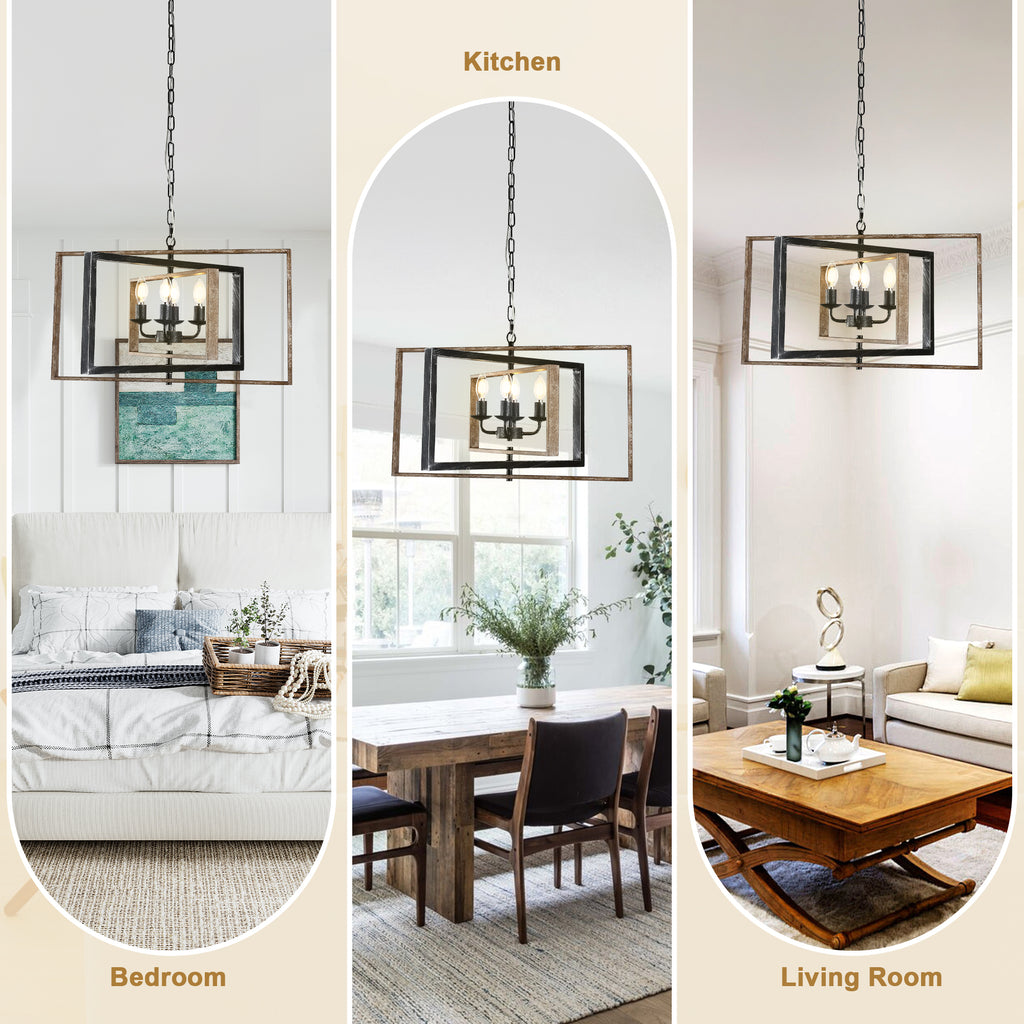 4 - Lights Industrial Geometric Chandelier, Farmhouse Wood Chandelier for Enrtyway with DIY Shape Height Adjustable
