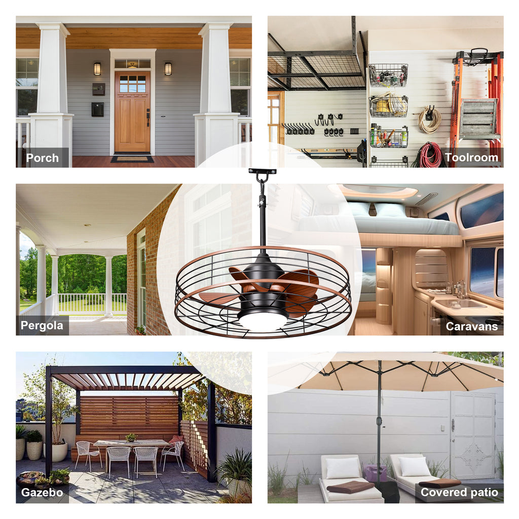 23.6 Inch Black Outdoor Dimmable Ceiling Fan with LED Light and Remote, Farmhouse Reversible 6 Speeds Quiet DC Motor Caged Ceiling Fan for Patio