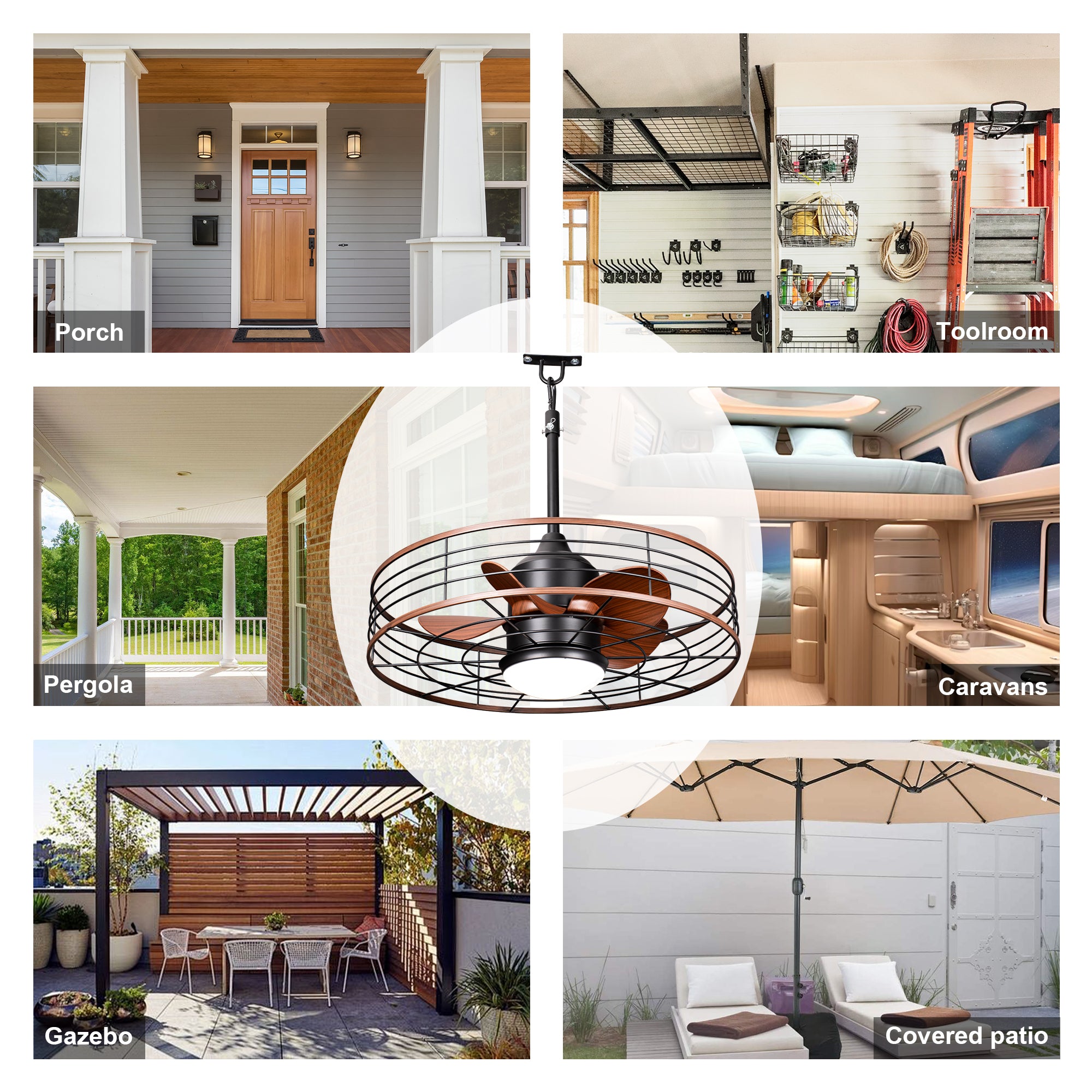 23.6 Inch Black Outdoor Dimmable Ceiling Fan with LED Light and Remote, Farmhouse Reversible 6 Speeds Quiet DC Motor Caged Ceiling Fan for Patio
