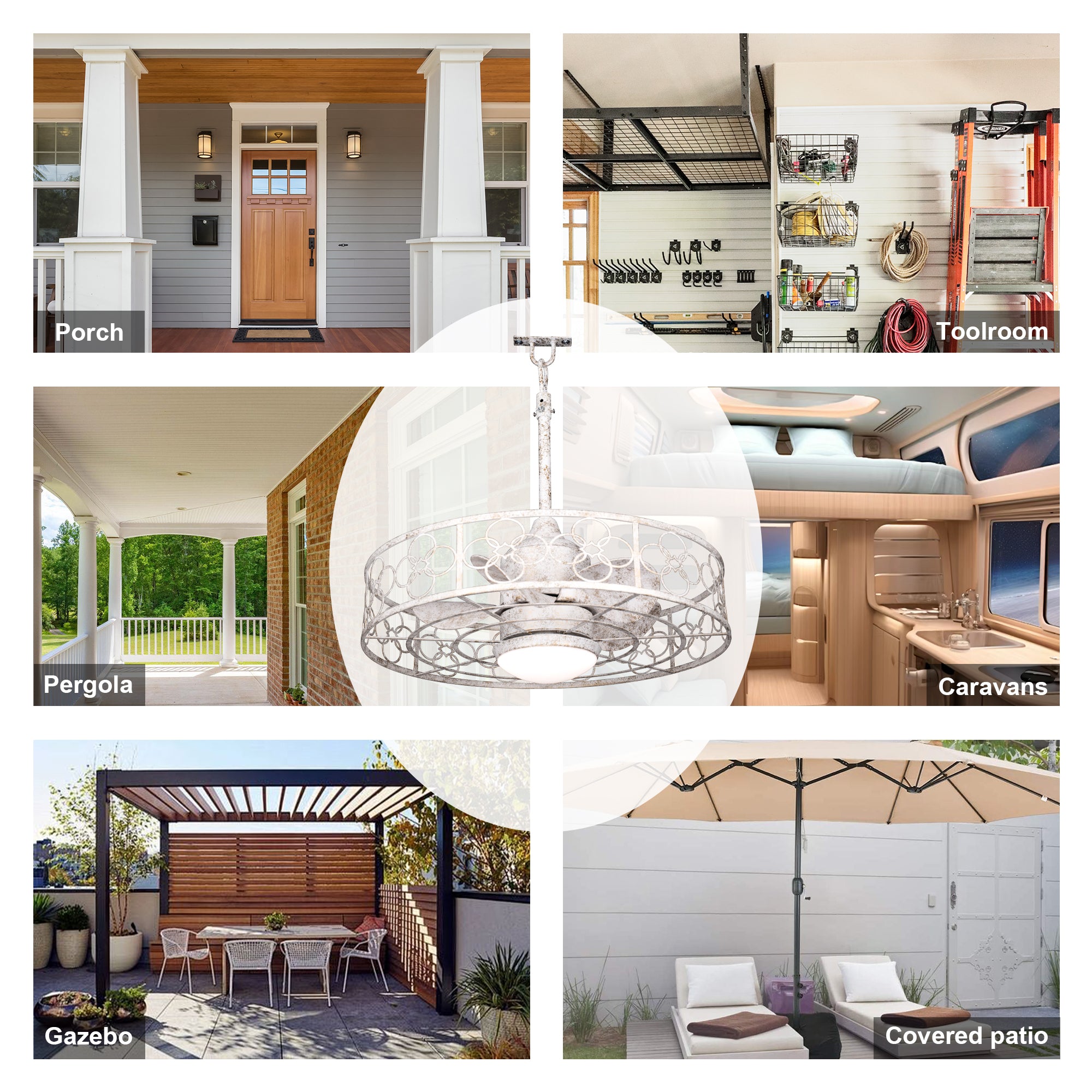 24 Inch Distressed White Outdoor Caged Ceiling Fan with LED Lights and Remote, 6 Speeds DC Motor Farmhouse Fandelier  Waterproof Ceiling Fan