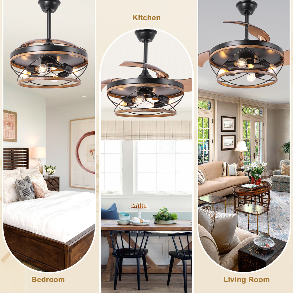 42 Inch Farmhouse Retractable Ceiling Fan with Lights and Remote Control, 6 Speeds Reversible Bladeless Ceiling Fan for Bedroom