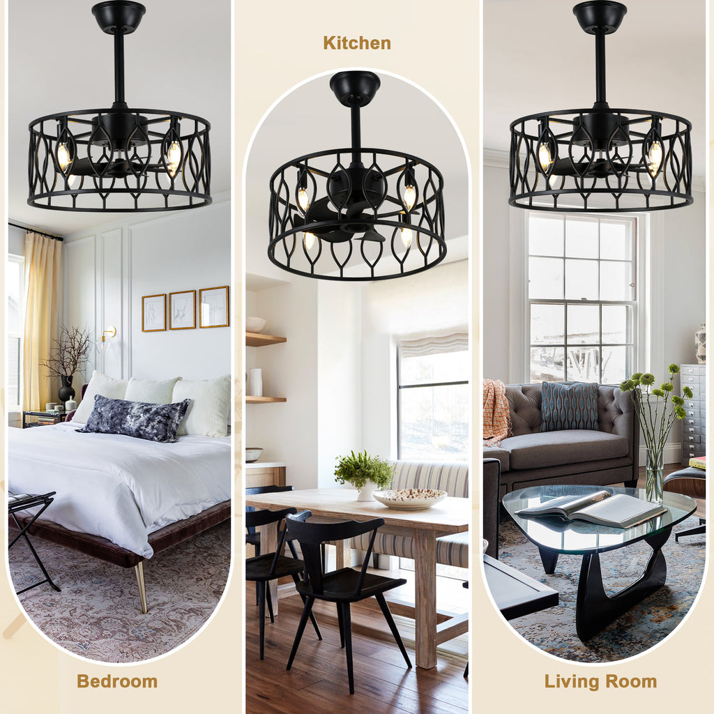 19 Inch Modern Black Caged Ceiling Fan with Lights and Remote Control, 6 Speeds DC Motor Fandelier Bladeless Ceiling Fan